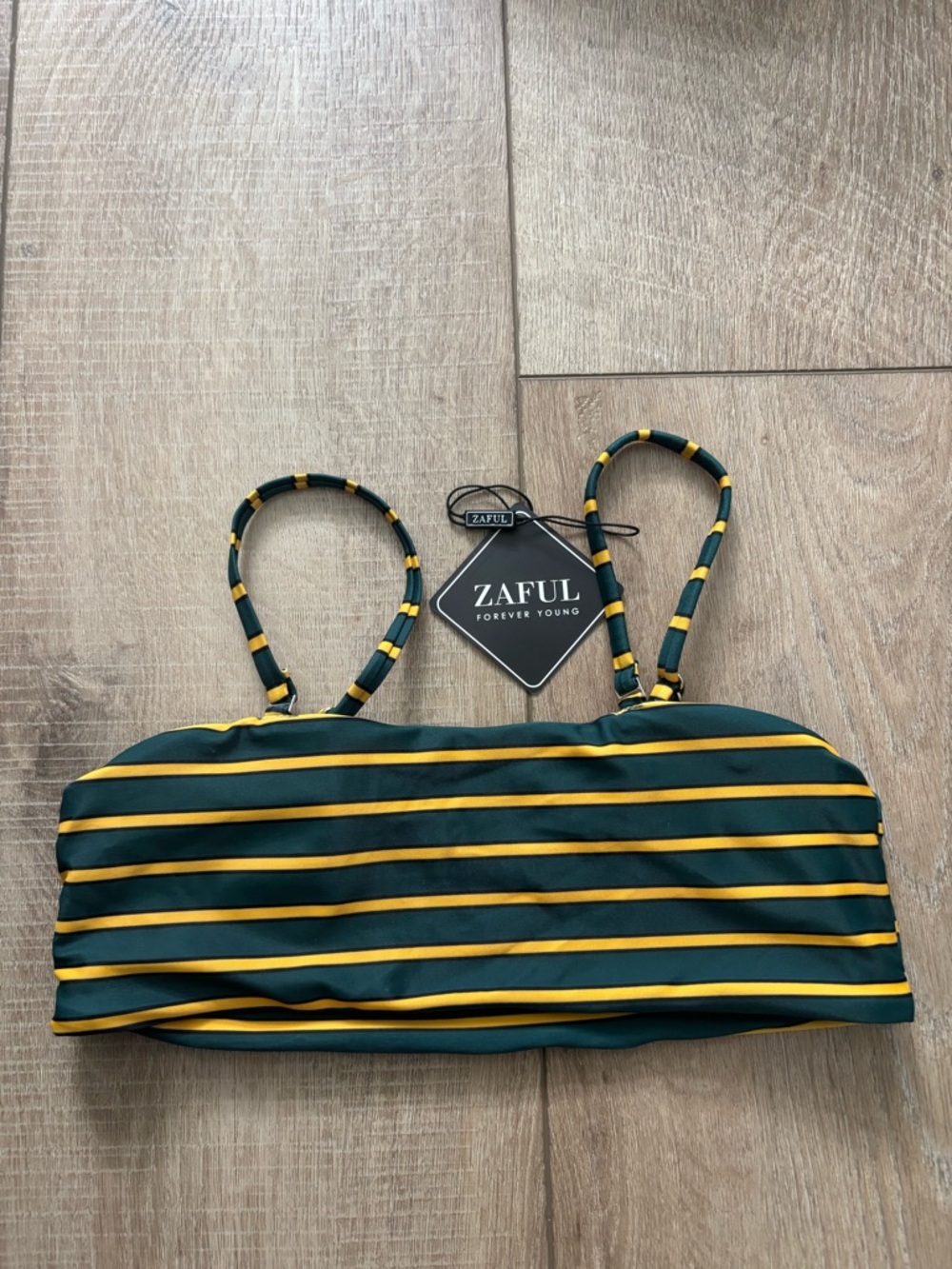 Zaful Green and Yellow Striped Bandeau Swim Top with Removable Straps